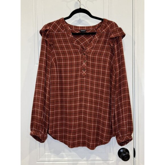 torrid Tops - Torrid Brown Plaid Long-Sleeve Ruffle Blouse 1xl Crinkle Gauze Style EUC
